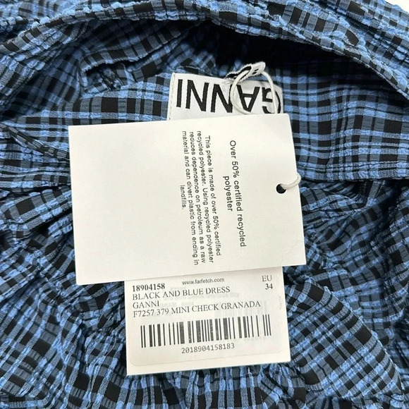 Ganni Mini DressRuched Checked Stretch Seersucker Blue Black New Size 34 US 4 - Picture 5 of 8